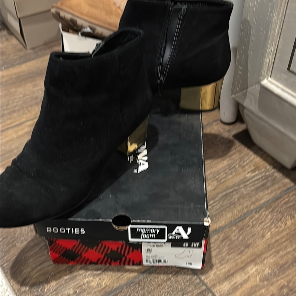 Women's Black Ankle Boots with Gold Heel